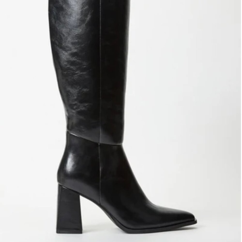 Black Caite Block Heeled Faux Leather Long Boots